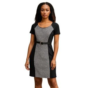 Frank Lyman SZ 14 black/white sheath dress shortsleeved with belt and back zip